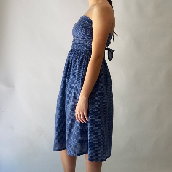 Strapless cotton handmade blue white polkadot dress - Picture 8 of 10